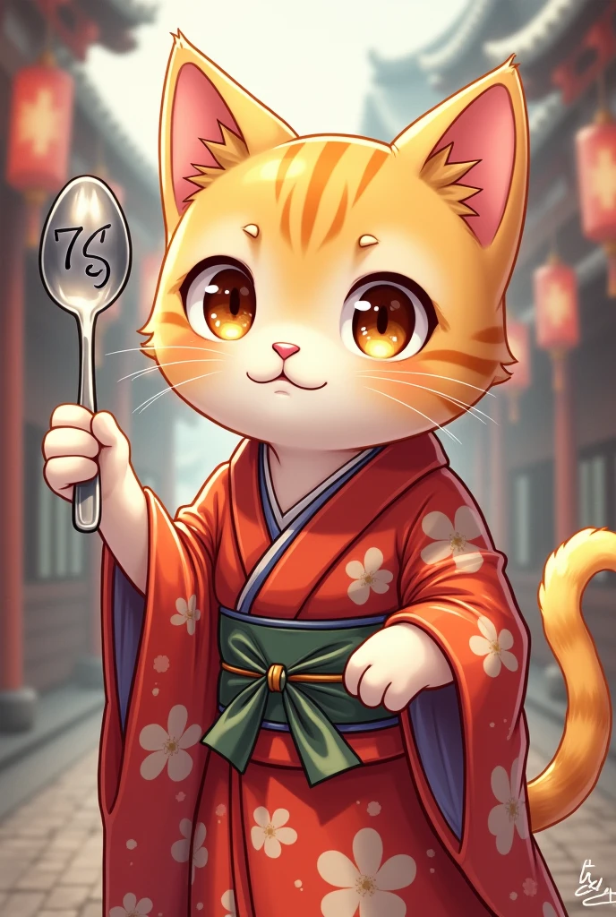 Cat wearing kimono。Her face is cute like an anime character。He has a silver spoon in his hand。The cat is yellowish in color。The spoon says 7gz。Japanese background