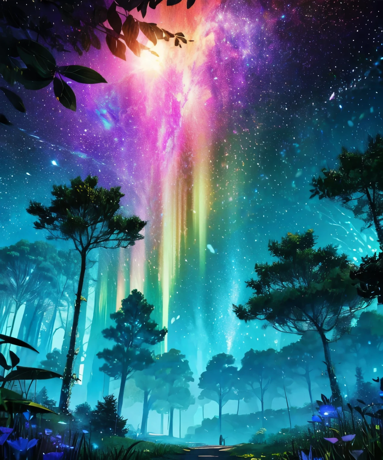Fantastic scenery and relaxing landscape、
high resolution，
Realistic texture and bright。
Sparkling。
Healing Art、grow，The sky is rainbow-colored, the quality is like a photograph, the end of the world is beautiful。
landscape，photograph，
Looking up at the sky from the forest、
Vibrant Tree、View from below、Crystal-like brilliance、Dazzlingly fantastical、Shooting from below、No people。