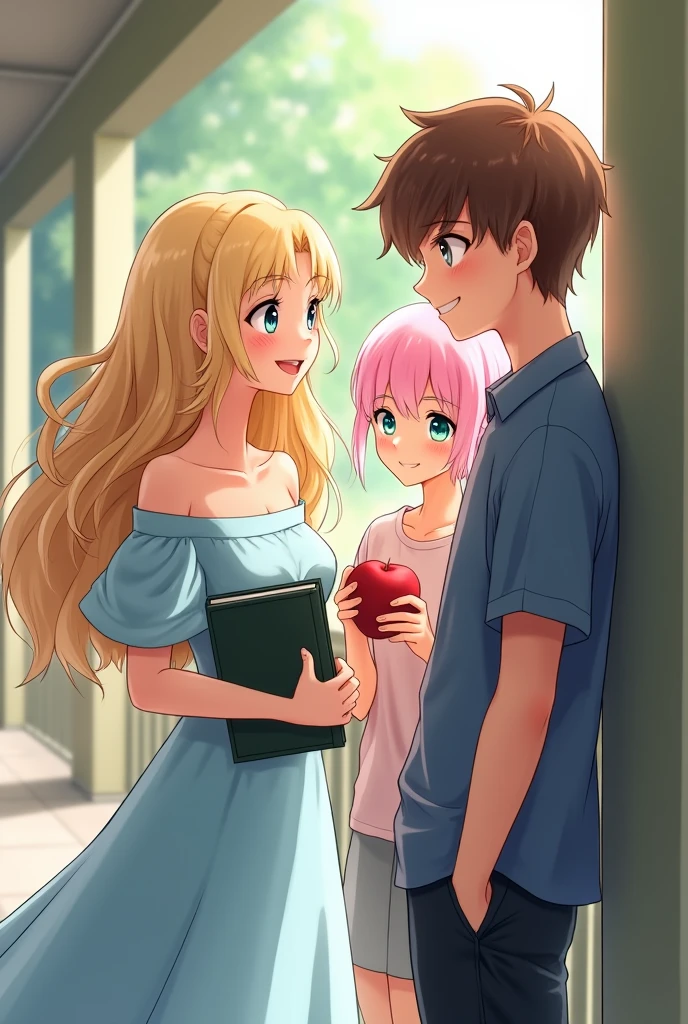 a blonde woman, Young and beautiful, Blue-eyed, straight hair, long, The woman is carrying a closed book, She is wearing a light blue off-the-shoulder dress and smiling with rosy cheeks.. In front of her a young man with brown hair, dark hair, the left eye blue, the green right eye, with an apple in his hand he smiles, Next to them a mile of pink hair and clear eyes introduces them, They are in the hallway of a high school, realist, high quality, foto realist, Realisian, high quality 