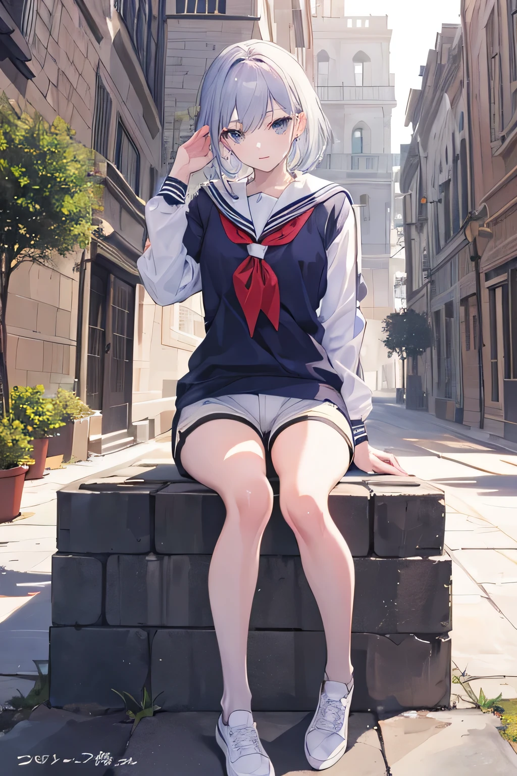 ((best quality)), ((masterpiece)), (detailed), Beautiful anime woman. Bright and detailed skin and face, with school sportswear, Short shorts, in the courtyard of a luxurious school, Posing. high quality.