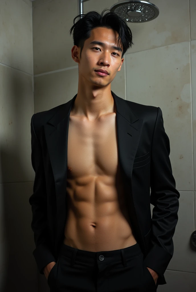 Asian man,27years,hot frat guy wearing a suit in a shower, open shirt, black suit jacket, black suit pants, showing off his body, defined abs and defined pecs, smirking,  ultra realistic, shot with cinematic camera, high quality photography,, flash with softbox, 4k, Canon EOS R3, hdr, smooth, sharp focus, high resolution, award winning photo, 80mm, f2.8, bokeh, masterpiece realistic, best high quality,Real-life Photorealism, Raw Portrait Photography , There are abs, Differential crushing cap, rough breath, Black hair, Messy hair, modern, Eye level shots, hyper HD, Masterpiece, curate, This photorealistic portrait combines the style of National Geographic., Capture every detail of his textured skin in 8k resolution. Leica digital SLR. (8K UHD、RAW Photography、Photorealistic Portrait Leica Digital SLR、Lifelike images) , asian male, under a shower, wet hairy bodies, water dripping off him, twink, damien tran, prefect body, beautiful handsome body, full body shot close up, sexy masculine, clean shaved, hairy body, smooth waxy skin, wet body, full body close-up shot