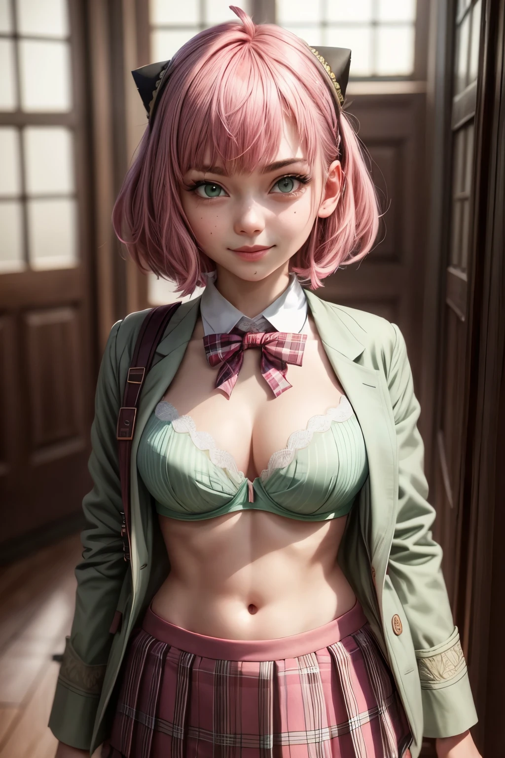 (masterpiece, best quality:1.2), high resolution, intricate details, extremely detailed, realistic and sharp details, (full body), solo, 1girl, a 16 yo woman, Anya Forger, anya_forger_spyxfamily, pink hair, short bob hair, (hairpods), green eyes, (blazer, collared shirt, bowtie, plaid pleated miniskirt, school uniform:1.2), (open breasts, unbuttoned shirt, partially showing off bra:1.4), smile, cute face, pretty face, beautiful detailed eyes, pale skin, photo background, indoors, eden academy school,