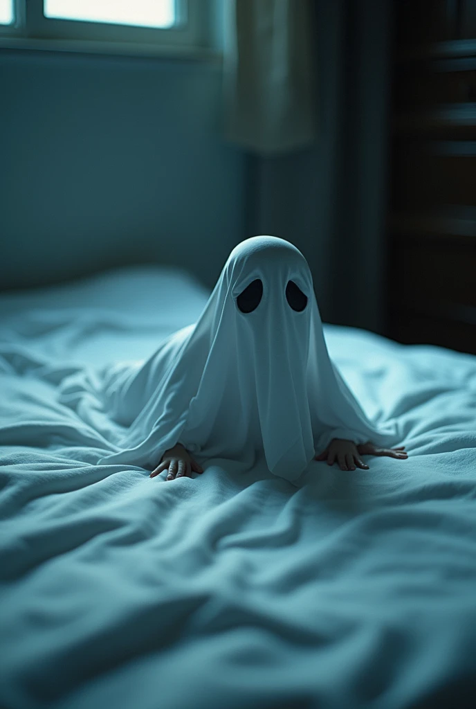 High-resolution photo of a ghost on the sheet crawling on all fours