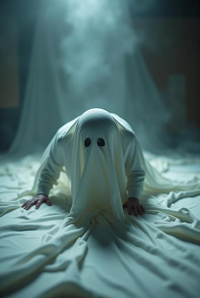 High-resolution photo of a ghost on the sheet crawling on all fours