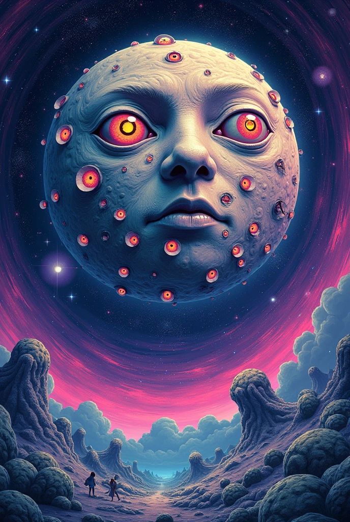 Create a moon with many eyes in psychedelic drawing style 