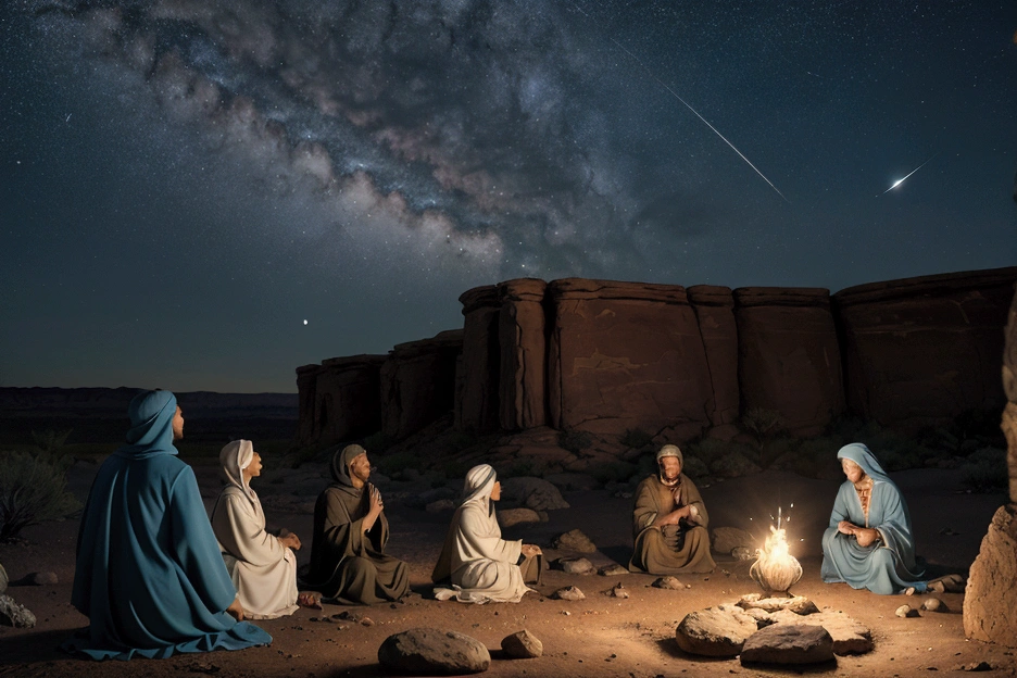 Photorealistic image depicting a nocturnal pastoral scene with three shepherds in the desert (two standing and one sitting on a large rock). No part of their faces can be seen, as they are facing away from the viewer. The light comes from the crescent moon. The layout features some sheep sleeping amidst vegetation and, in the foreground, three shepherds with their backs turned, surprised and excited by something they see in the sky. All are standing, except for one who is sitting on a rock; another is pointing, with his open hand, to a star that they are all looking at, all with their backs turned, their faces cannot be seen. Their bodies show a state of alertness. Nothing can be seen of their faces. Each holds a staff and is dressed in robes with head coverings in blue, green and red. They are in a desert location where there is some vegetation and rocks. Scattered around them are some white sheep sleeping. The background consists of desert dunes in shades of brown and orange, creating a contrast with the dark blue and starry night sky, with a waning moon. The overall composition evokes a peaceful and pastoral atmosphere. Illustration from the Bible, appearance of the angel to the shepherds. Realistic image, 8k, photography.