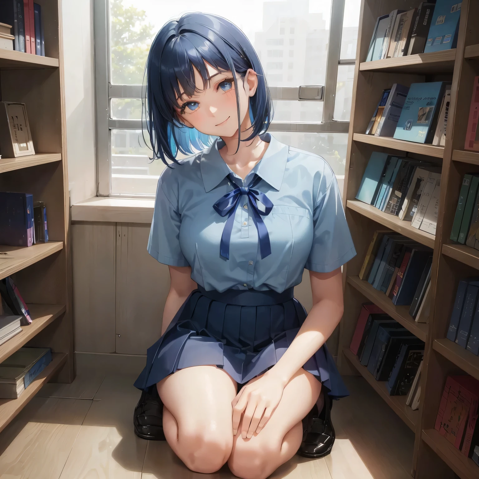 1. High school girl 17-year-old female Bobcut dark blue hair color High School Uniform Light blue Y-shirt Short sleeve Blue Ribbon dark blue hair color Slim figure Large Breasts Full body portrait School library Smiling Kindly Laugh a little library Hand Signs squat Kneel Look up here