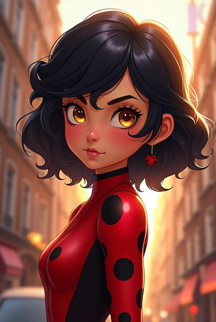 Girl with curly black hair and honey eyes in miraculous lady bug