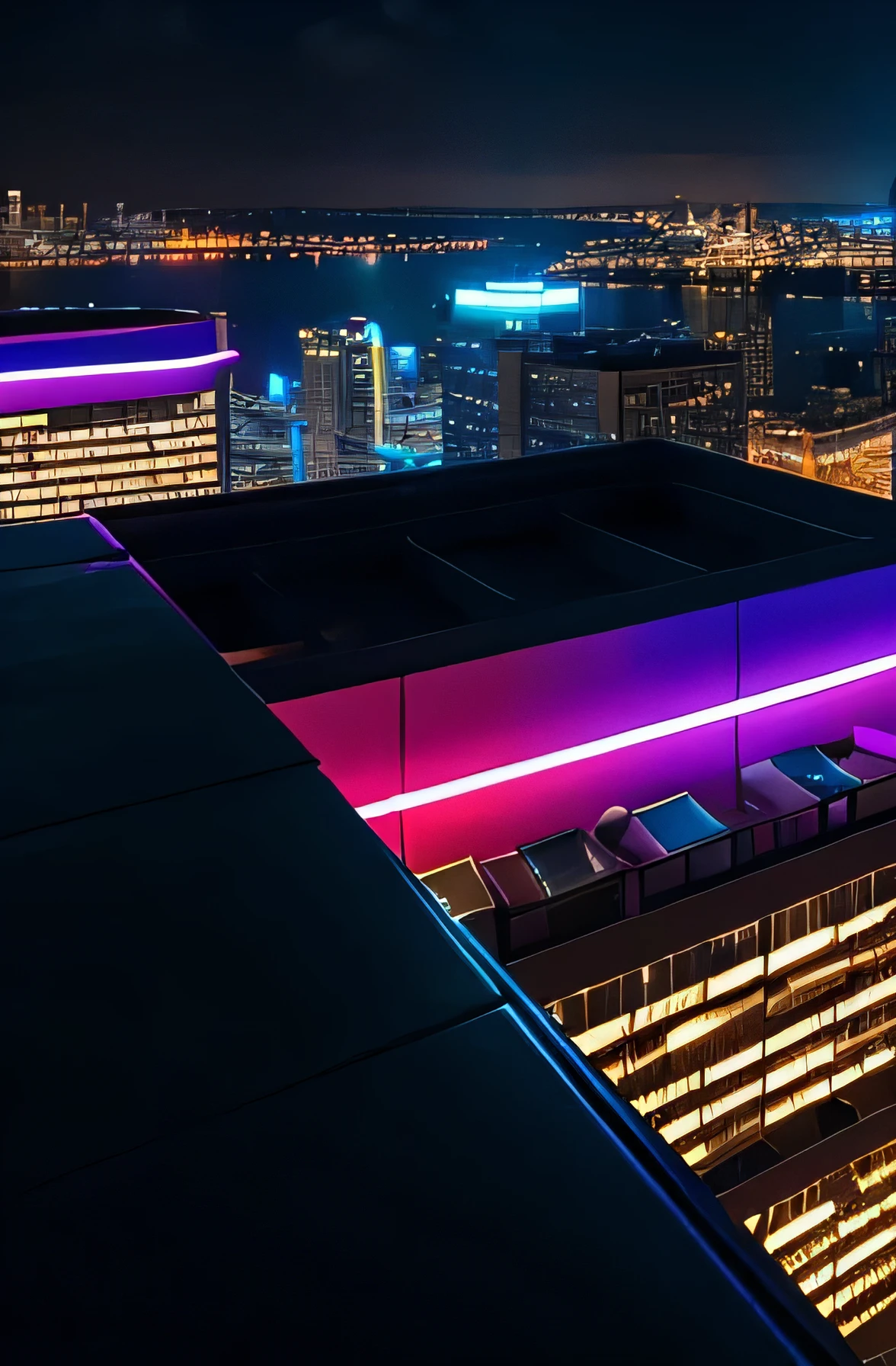 scene with the point of view being from a high place, such as a roof or balcony. The view is of many super technological buildings with various neon elements and vibrant colors. It's night with a mysterious vibe