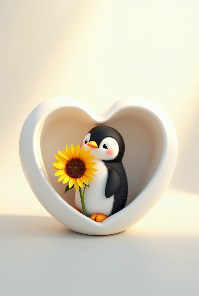 Create an image of a penguin that is inside a white heart while holding a sunflower