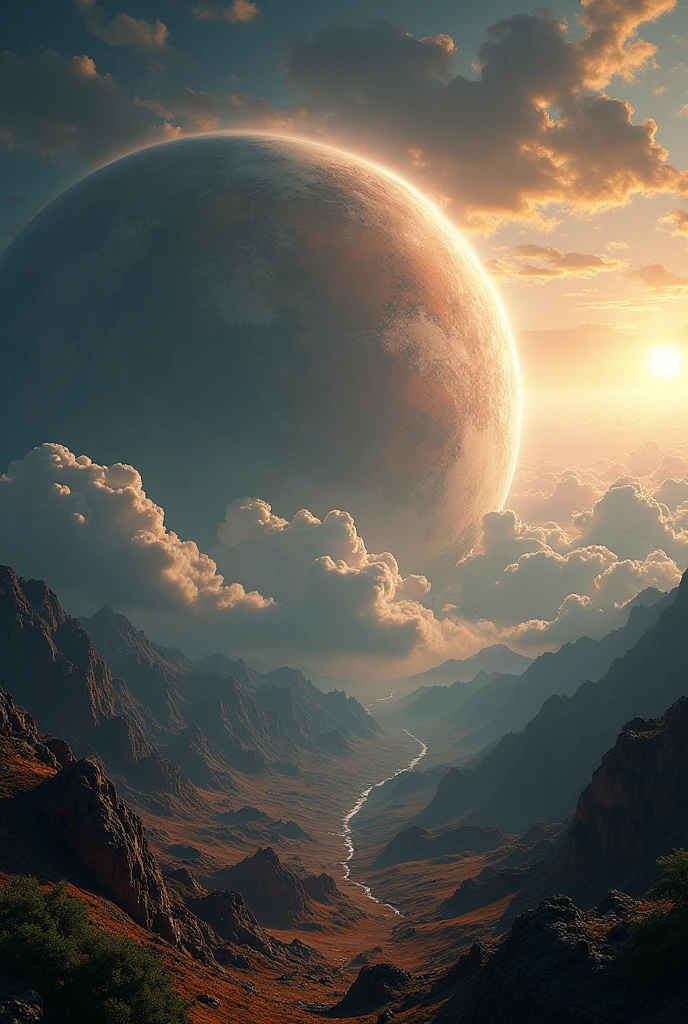 create an imaga of a newly discovered planet in a nearby solar system. This planet has the potential to support life but requires significant modifications to its atmosphere, temperature, and biosphere.