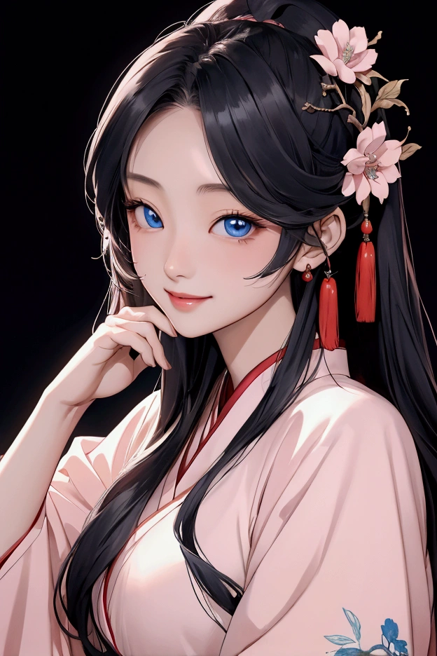 (Highest quality、 8k 、masterpiece、High resolution)、(Chinese Drama、Changgexing、Li Changge、Dililaba)、Tang Dynasty、Changan、1 Female、Beautiful young person、blue eyes、Pretty lips、(Anime Beauty)、(Anime Art)、Smiling and posing happily、Bright atmosphere、Light colored long hair、Light pink Hanfu、古いChanganの街並み、Official Art、Detailed CG、