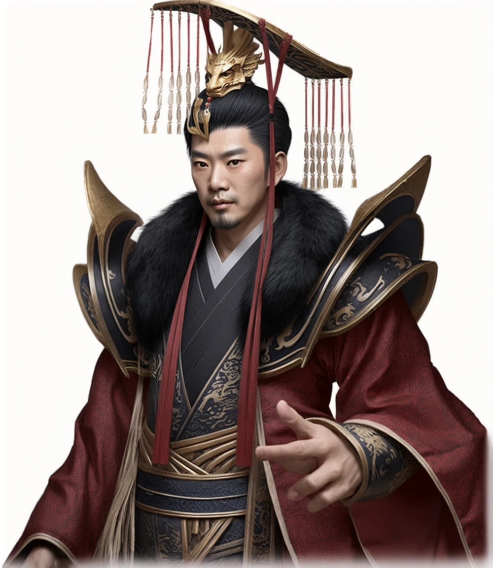 an image of an asian man dressed in traditional dragon pattern clothing, shaggy black beard, authoritative face, from three kingdoms, Emperor of the Han Dynasty, emperor's headdress, realistic, white background, 8k, super detail, ccurate, best quality, realistic, photorealistic