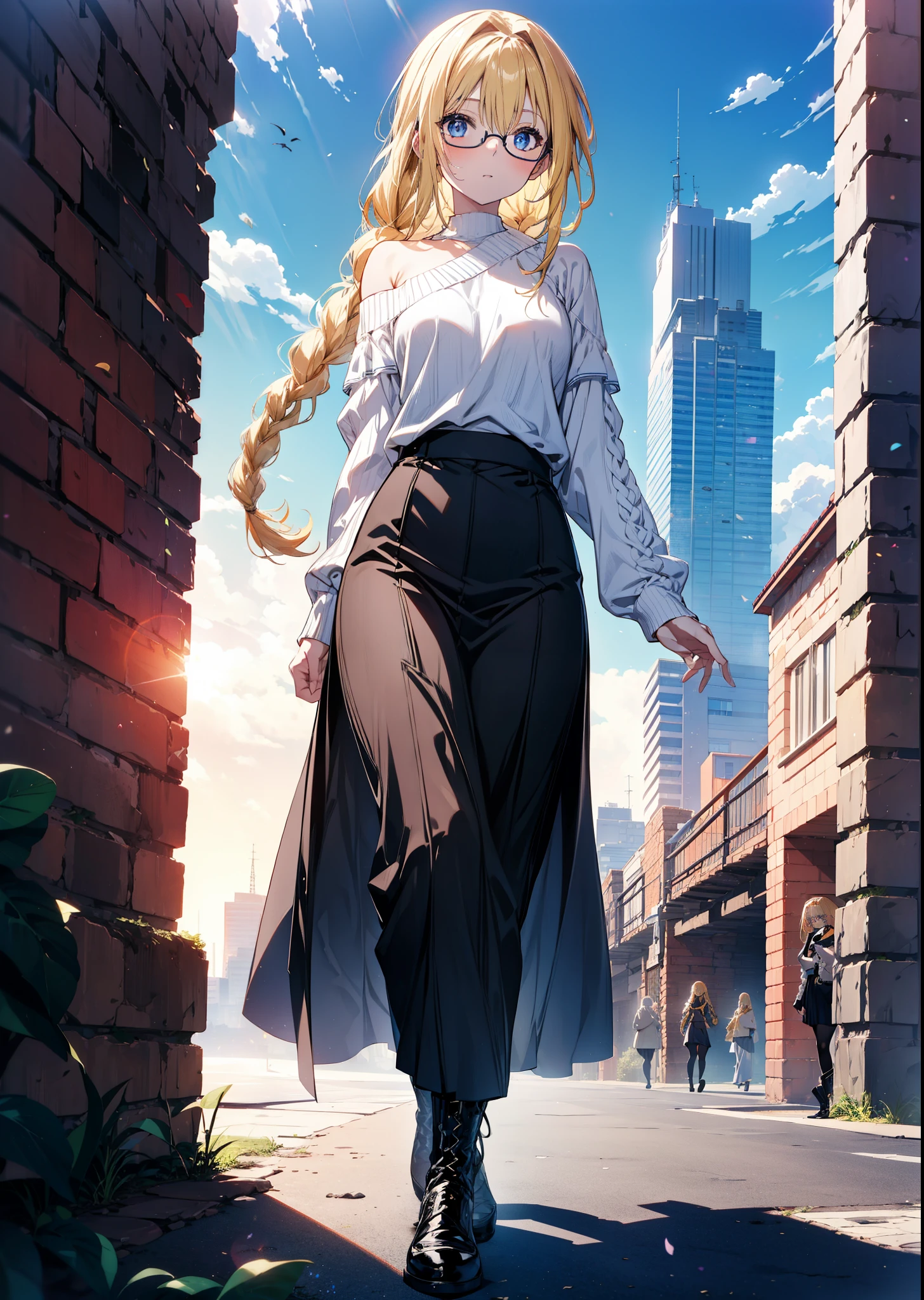 Alicesburg, Alice Zuberg, bangs, blue eyes, Blonde, Hair between the eyes, hair band, Long thick braids,Glasses,One-shoulder sweater,Long skirt,Black pantyhose short boots,Walking,Daytime,Clear skies,whole bodyがイラストに入るように,
break outside, Building district,
break looking at viewer, whole body,
break (masterpiece:1.2), Highest quality, High resolution, unity 8k wallpaper, (figure:0.8), (Beautiful attention to detail:1.6), Highly detailed face, Perfect lighting, Highly detailed CG, (Perfect hands, Perfect Anatomy),
