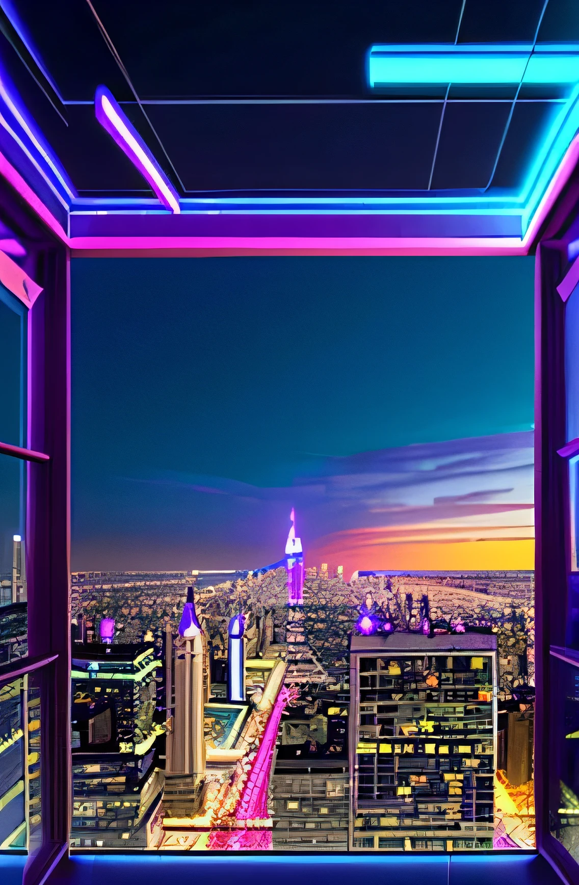 scene with the point of view being from a high place, such as a roof or balcony. The view is of many super technological buildings with various neon elements and vibrant colors. It's night with a mysterious vibe