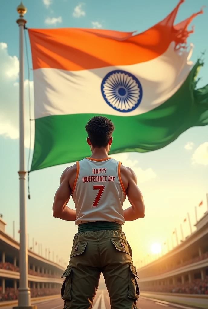 Create a high-quality image of a 25-year-old boy standing confidently next to a large 3D letter “D” with Indian flag colors. The boy should be in a sporty outfit, and the background should have celebratory elements.