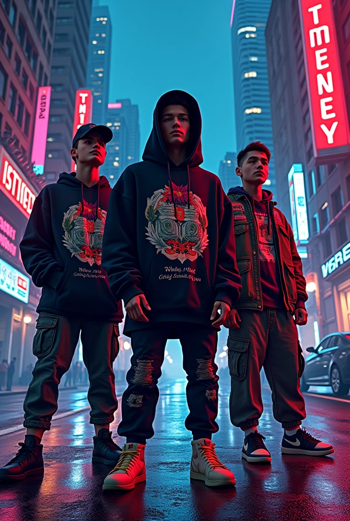 Design a modern, urban-themed poster for a streetwear clothing brand names as 'White Money.'
The poster should showcase key streetwear items such as hoodies, oversized t-shirts, and jackets, emphasizing bold and trendy designs. The clothing should feature intricate graphic elements like logos, text, and images that reflect urban culture, including cityscapes, money symbols, and stylized typography. The overall aesthetic should be edgy and vibrant, with a mix of dark and bright colors to create a visually striking contrast. Incorporate elements like a city skyline, and a modern, artistic vibe that appeals to a young, fashion-forward audience."