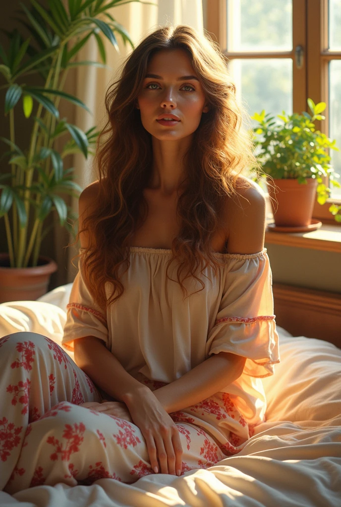 (photorealism:1.2), beautiful woman, sitting on bed, wearing loose off-shoulder top, pajama pants, long curly hair, indoors, soft lighting, plants in background, window with sunlight, cozy room, relaxed pose, realistic, intricate details, warm colors, by Greg Rutkowski, by Alphonse Mucha