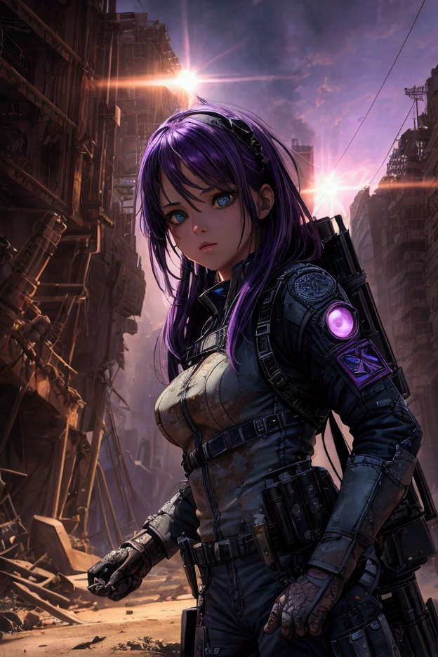 a beautiful girl in a purple hair pilot suit, in a post-apocalyptic ruined background, highly detailed, 8k, photorealistic, intricate details, cinematic lighting, dramatic composition, hyper-detailed, volumetric lighting, glowing effects, advanced rendering, dramatic shadows, intense colors, cinematic atmosphere, epic scale, heroic pose, powerful, impactful, masterpiece