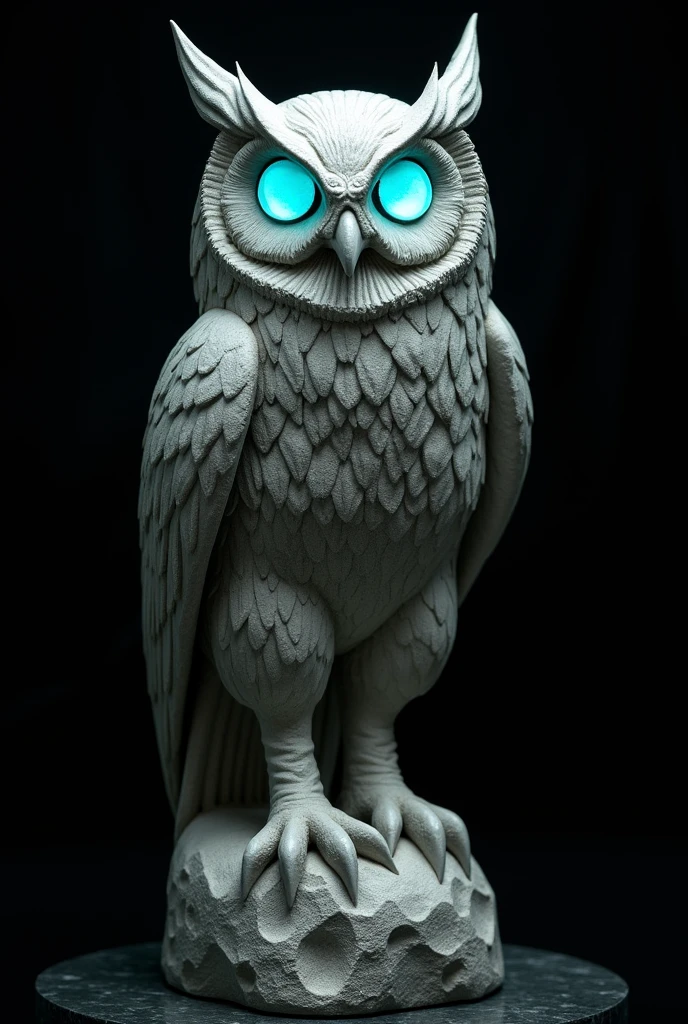 Create a sculpture of a Virginia owl out of stone with turquoise eyes and a black background