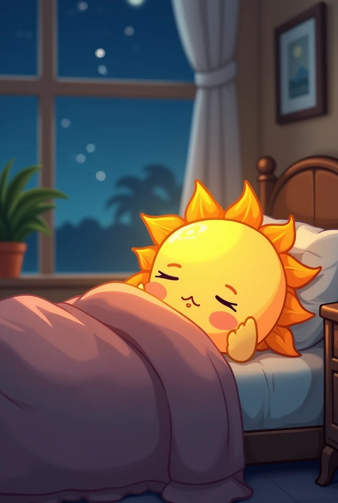 Cute cartoon, little sun, sleeping comfortably, lazily, covering himself with a blanket on his bed at night. Zoom out to see the surrounding area. Zoom out again.