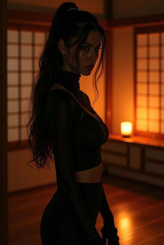 (professional lighting)Candlelight illuminates a female ninja waiting patiently in the shadows of a dimly lit Japanese-style room.。(photography)(professional lighting)retina, anatomically correct, ccurate, textured skin, super detail, high quality, high details, award winning, best quality, highres, 1080P, HD, 4K, 8k