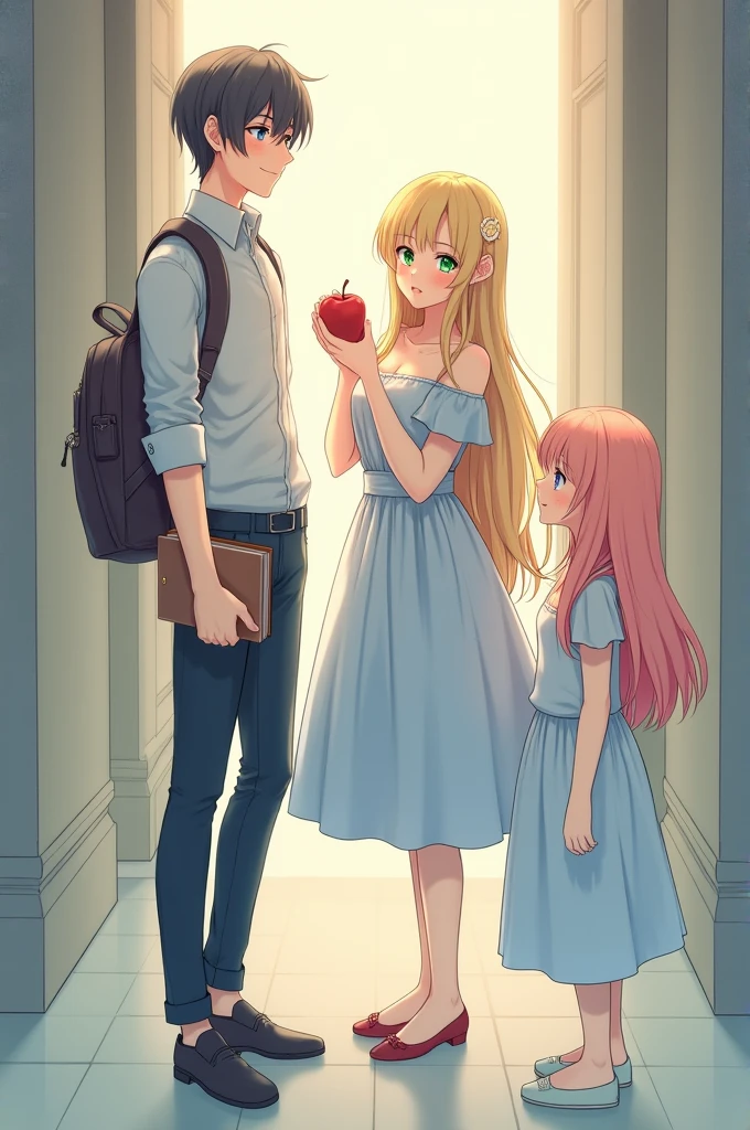 a blonde woman, Young and beautiful, Blue-eyed, straight hair, long, The woman is carrying a closed book, She is wearing a light blue off-the-shoulder dress and smiling with rosy cheeks.. In front of her a young man with brown hair, dark hair, the left eye blue, the green right eye, with an apple in his hand he smiles, Next to them a mile of pink hair and clear eyes introduces them, They are in the hallway