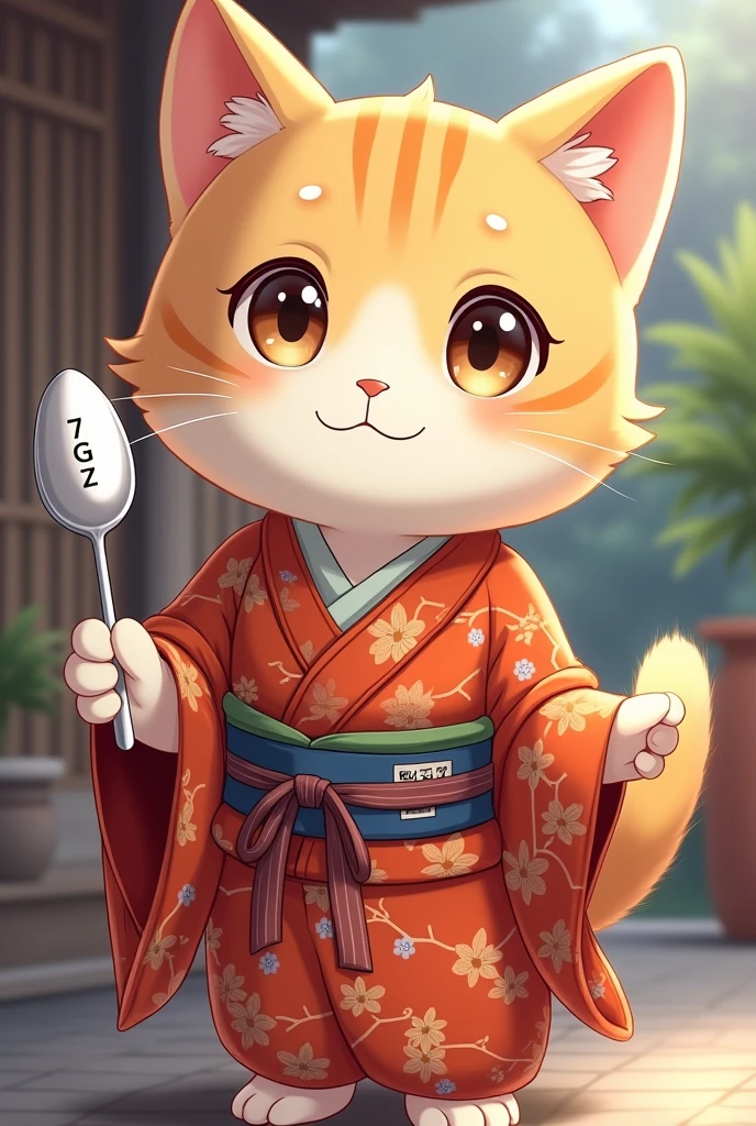 Cat wearing kimono。Her face is cute like an anime character。He has a silver spoon in his hand。The cat is yellowish in color。The spoon says exactly 7gz.。Japanese background