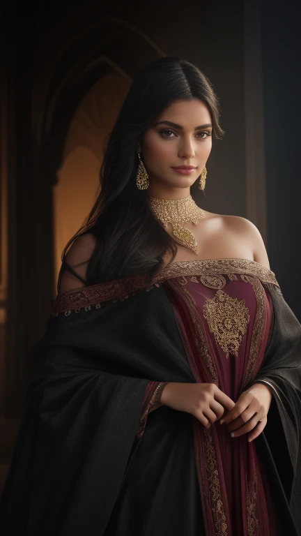(best quality,4k,8k,highres,masterpiece:1.2),ultra-detailed,(realistic,photorealistic,photo-realistic:1.37),Al-Uzza, the ancient Arabian goddess of beauty and black magic, off-shoulder, extremely detailed face and eyes, long eyelashes, detailed lips, intricate jewelry, flowing dress, ornate background, warm lighting, fantasy art, cinematic composition, dramatic lighting, dramatic pose, dramatic expression, cinematic shot, detailed fabric textures, dynamic composition, rich colors, dramatic chiaroscuro, mystical atmosphere
