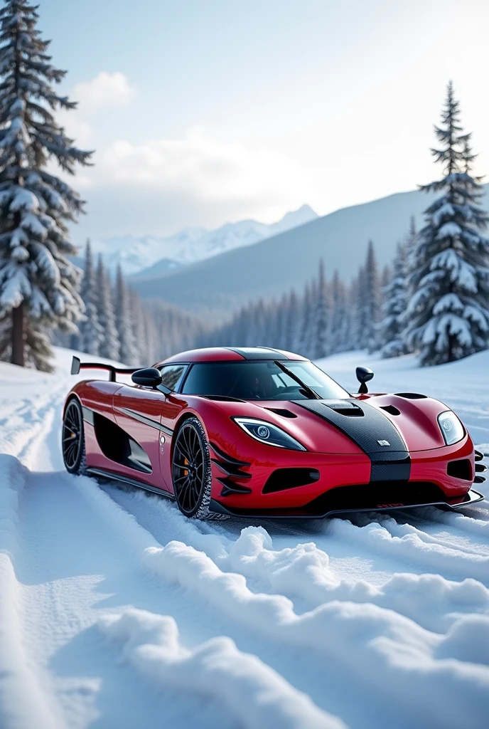 An exquisite photo of a red Koenigsegg Agera RS with bold black stripes, sitting majestically in the midst of pristine snow. The car isslightly tuned, with its tires and undercarriage showing signs of modifications. The snow is slightly disturbed, suggesting a recent journey. The surroundings are cold and tranquil, with frost-covered trees and a distant mountain range