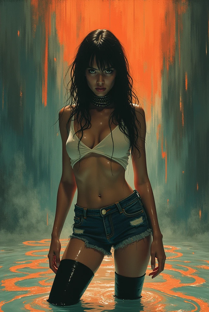 70s setting, grainy analog film, abstract art, stylish legend, artwork, conceptual art, drowning, dripping wet, drama, indulges in fetish, rubber black stockings, vintage jeans cut-offs, t-shirt, slave collar, stuck in slime, orange blue, black, void