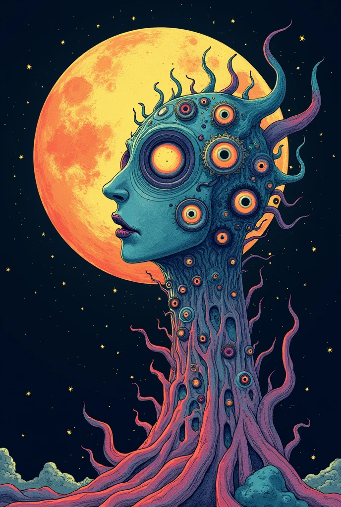 Create a moon with many eyes, mouthless flat psychedelic drawing style