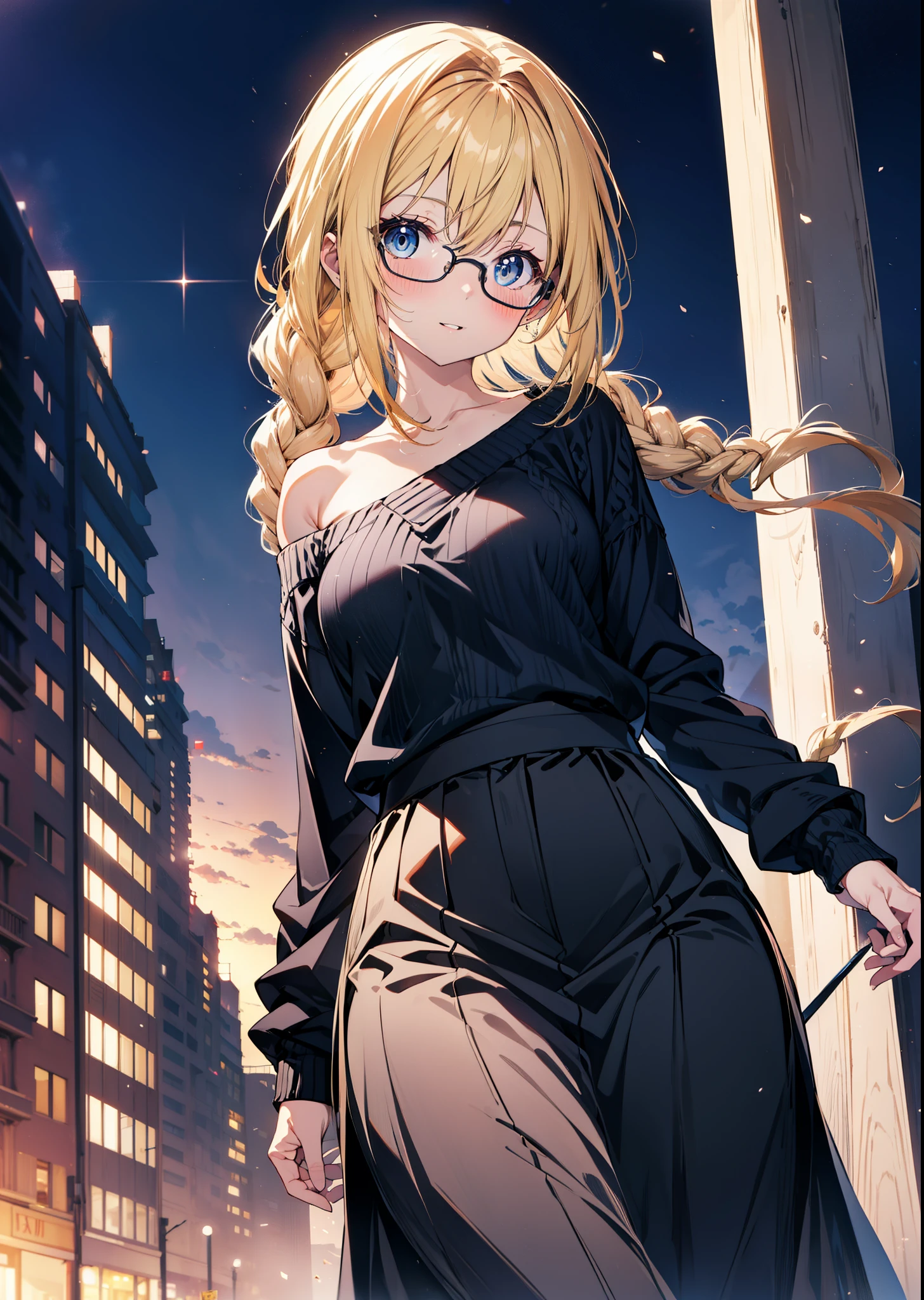 Alicesburg, Alice Zuberg, bangs, blue eyes, Blonde, Hair between the eyes, hair band,smile,blush,Open your mouth, Long braids,Glasses,One-shoulder sweater,Long skirt,Black pantyhose short boots,Walking,Daytime,Clear skies,whole bodyがイラストに入るように,
break outdoors ,Building district,
break looking at viewer, whole body,
break (masterpiece:1.2), Highest quality, High resolution, unity 8k wallpaper, (figure:0.8), (Beautiful attention to detail:1.6), Highly detailed face, Perfect lighting, Highly detailed CG, (Perfect hands, Perfect Anatomy),
