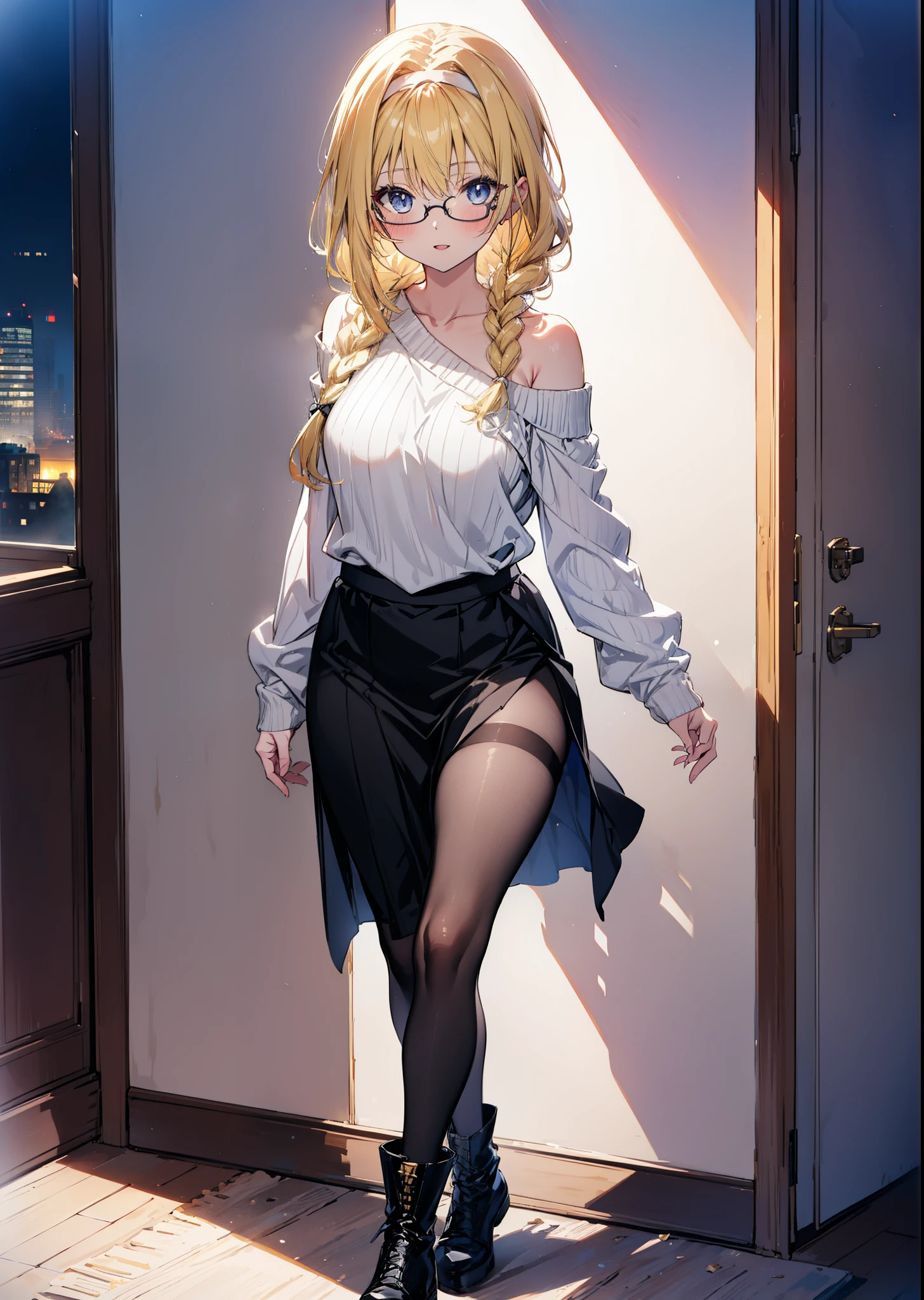 Alicesburg, Alice Zuberg, bangs, blue eyes, Blonde, Hair between the eyes, hair band,smile,blush,Open your mouth, Long thick braids,Glasses,One-shoulder sweater,Long skirt,Black pantyhose short boots,Walking,Daytime,Clear skies,whole bodyがイラストに入るように,
break outside, Building district,
break looking at viewer, whole body,
break (masterpiece:1.2), Highest quality, High resolution, unity 8k wallpaper, (figure:0.8), (Beautiful attention to detail:1.6), Highly detailed face, Perfect lighting, Highly detailed CG, (Perfect hands, Perfect Anatomy),