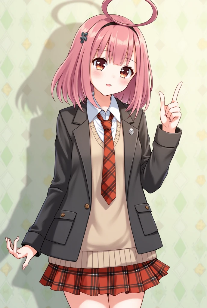 one girl, anime style, jacket, necktie, plaid skirt, beautiful, naive, my neighborhood friend