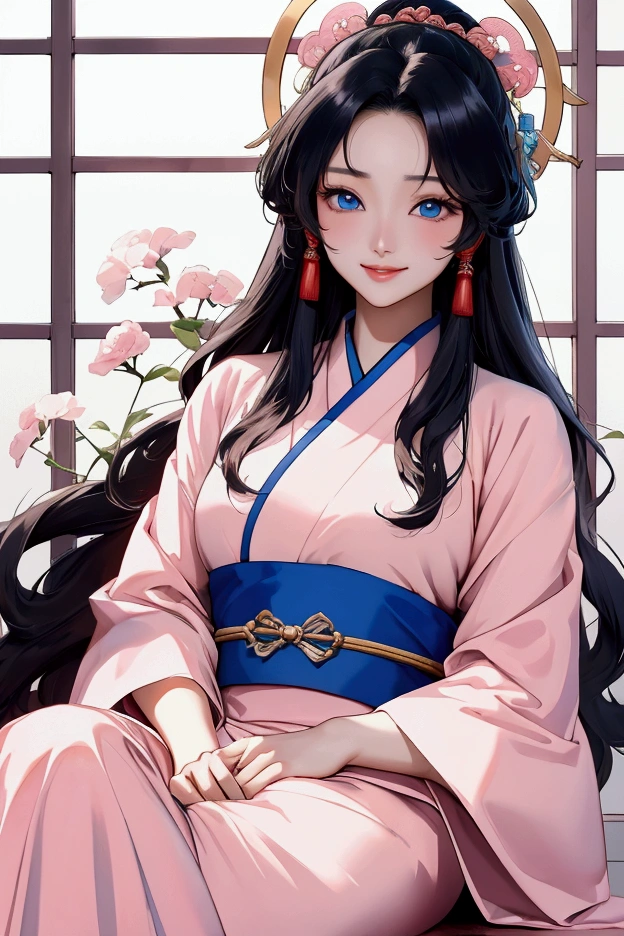 (Highest quality、 8k 、masterpiece、High resolution)、(Chinese Drama、Changgexing、Li Changge、Dililaba)、Tang Dynasty、Changan、1 Female、Beautiful young person、blue eyes、Pretty lips、(Anime Beauty)、(Anime Art)、Smiling and posing happily、Bright atmosphere、Light colored long hair、Light pink Hanfu、古いChanganの街並み、Official Art、Detailed CG、
