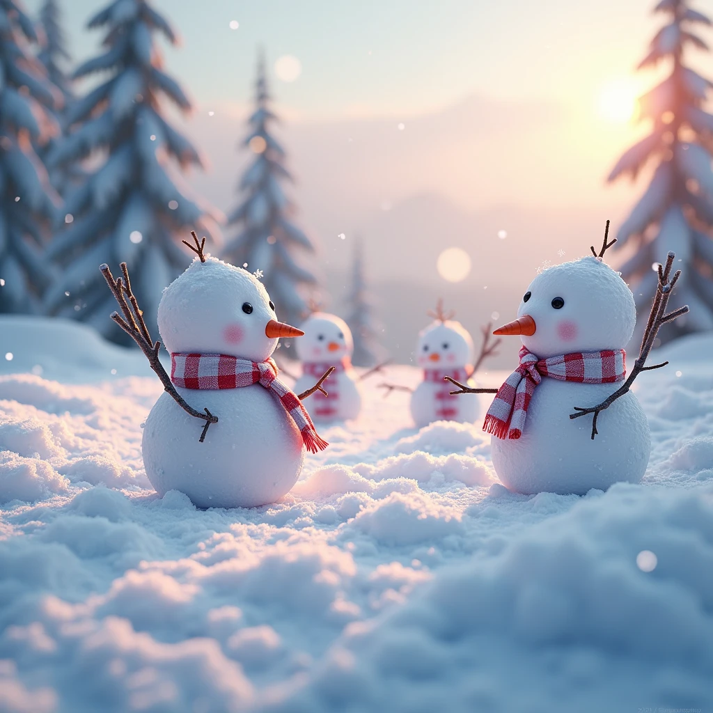 a snowy winter landscape, a group of playful snowmen, detailed snow texture, snowflakes falling, warm lighting, calm atmosphere, serene and peaceful, christmas theme, magical winter wonderland, photorealistic, 8k, best quality, ultra-detailed, cinematic lighting, volumetric fog, soft focus, vibrant colors