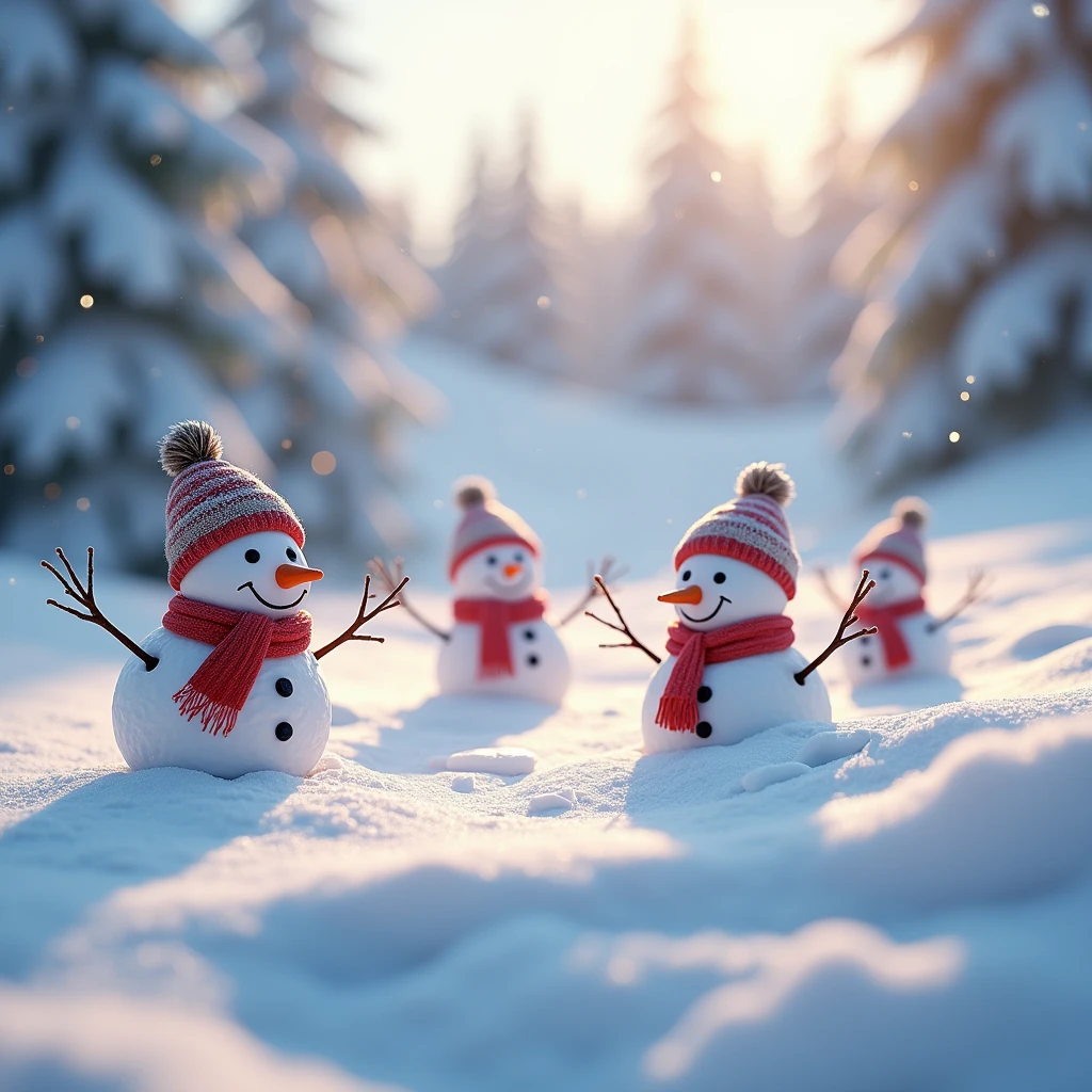 a snowy winter landscape, a group of playful snowmen, detailed snow texture, snowflakes falling, warm lighting, calm atmosphere, serene and peaceful, christmas theme, magical winter wonderland, photorealistic, 8k, best quality, ultra-detailed, cinematic lighting, volumetric fog, soft focus, vibrant colors
