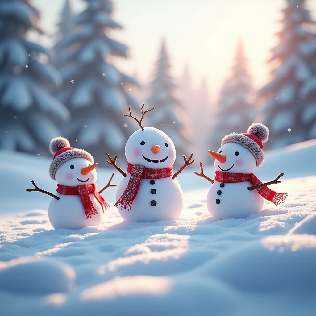 a snowy winter landscape, a group of playful snowmen, detailed snow texture, snowflakes falling, warm lighting, calm atmosphere, serene and peaceful, christmas theme, magical winter wonderland, photorealistic, 8k, best quality, ultra-detailed, cinematic lighting, volumetric fog, soft focus, vibrant colors
