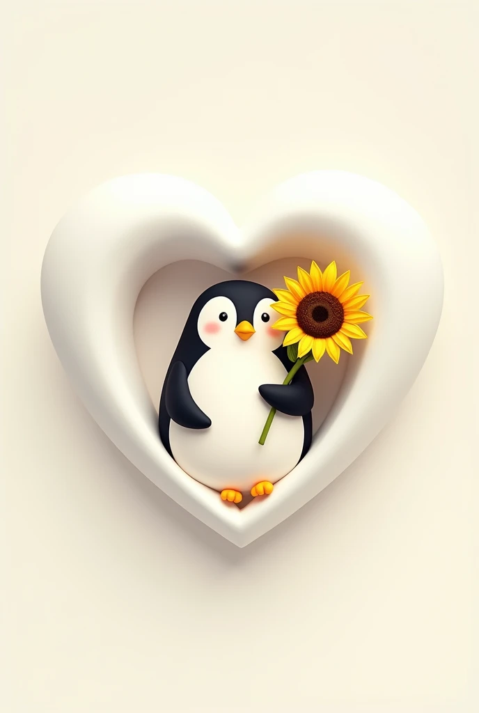 Create an image of a penguin that is inside a white heart while holding a sunflower in 2D