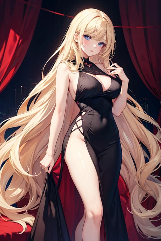 Blonde Long Hair blue eyes Beauty Large Breasts Simple Background, Red lips, clear Chic dress Black heels Adult atmosphere