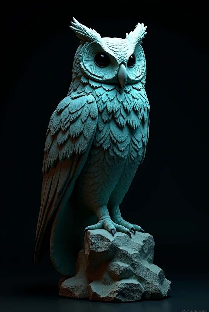 Create a sculpture of a Virginia owl out of stone with black and turquoise lights on a black background in profile