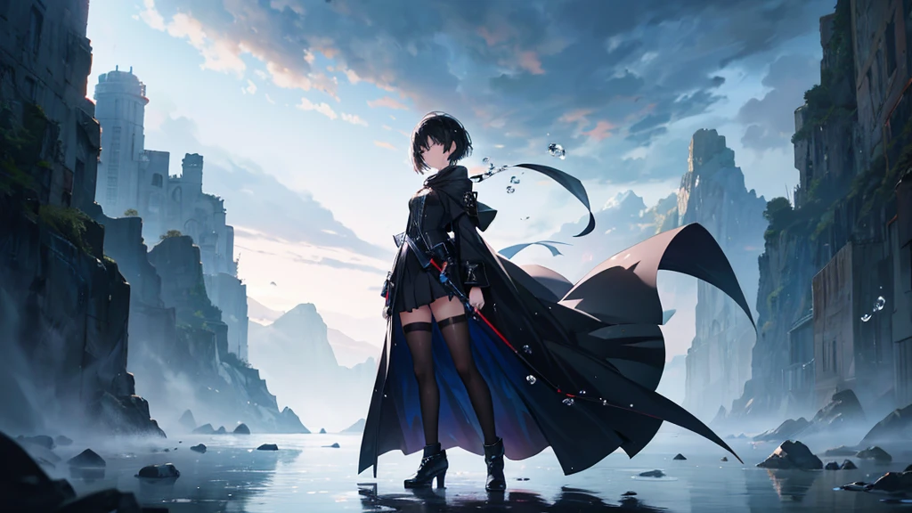 anime girl with black short hair, black cloak, adorable,Hail33, 18yo(1.0),(subsurface scattering:1.1),sharp focus,award-winning photograph,professional portrait photography,RAW photography (very detailed background:1.2),(fantasy:0), dramatic lighting, full body portrait, standing, full body photo, full body photograph, full body shot, apocaliptic, floating drops of water, ethereal