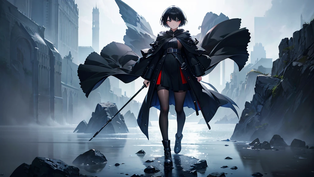 anime girl with black short hair, black cloak, adorable,Hail33, 18yo(1.0),(subsurface scattering:1.1),sharp focus,award-winning photograph,professional portrait photography,RAW photography (very detailed background:1.2),(fantasy:0), dramatic lighting, full body portrait, standing, full body photo, full body photograph, full body shot, apocaliptic, floating drops of water, ethereal
