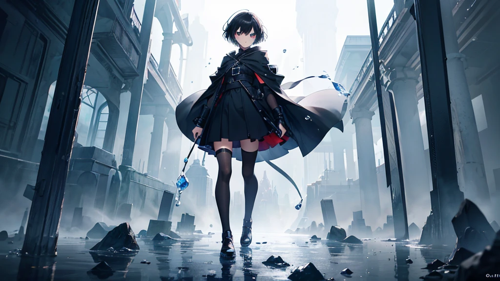 anime girl with black short hair, black cloak, adorable,Hail33, 18yo(1.0),(subsurface scattering:1.1),sharp focus,award-winning photograph,professional portrait photography,RAW photography (very detailed background:1.2),(fantasy:0), dramatic lighting, full body portrait, standing, full body photo, full body photograph, full body shot, apocaliptic, floating drops of water, ethereal