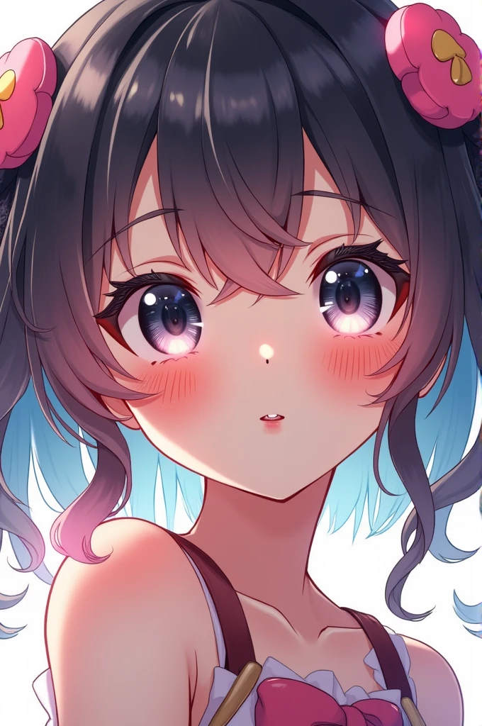 looking at viewer,looking up,from above,upper body,1girl,lick,finger to mouth,Beautiful 14 year old girl,Japanese,Slender,,low length,Small breasts,Baby Face,Small face,Black Hair,Short Twin Tails,Gray Eyes,slit pupils,Drooping eyes,middle School girls,Sheer black and pink negligee,lingerie,open mouth,tongue out,front face,Straight Stand,Beautiful and detailed anime art,Mischievous smile,Sexy vibe,cum on tongue,Dimly lit room,Simple Background,Gray background,White floor,Low lighting