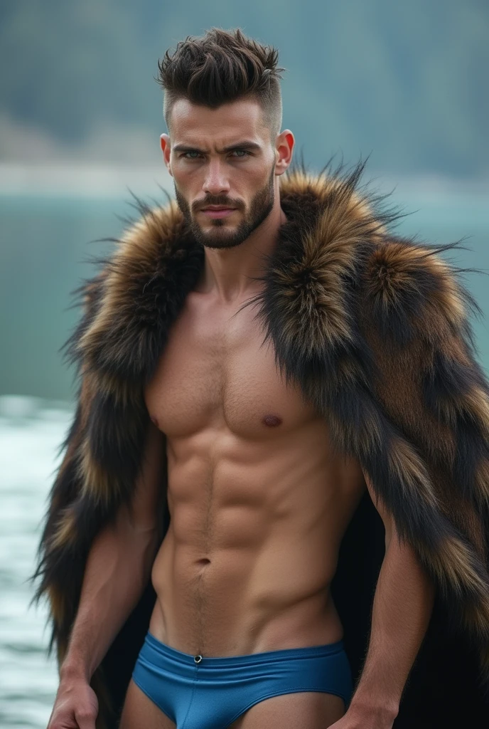 Handsome russian man. He is tall. Has muscular build, pale skin. Gray shiny eyes (nearly white). Gray eyes. Spiky short degraphed hair. Dark brown (slightly green) hair tone. Wears a fur mantle (brown). Metallic blue swim briefs, low-rise speedo. He is a russian druid. Manly face, masculine face, shaved. Muscular. Young adult. Spiky short hair. Gray eyes. 