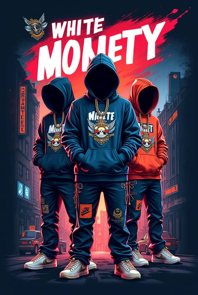 Design a modern, urban-themed poster for a streetwear clothing brand names as 'White Money.'
The poster should showcase key streetwear items such as hoodies, oversized t-shirts, and jackets, emphasizing bold and trendy designs. The clothing should feature intricate graphic elements like logos, text, and images that reflect urban culture, including cityscapes, money symbols, and stylized typography. The overall aesthetic should be edgy and vibrant, with a mix of dark and bright colors to create a visually striking contrast. Incorporate elements like a city skyline, and a modern, artistic vibe that appeals to a young, fashion-forward audience." Without model