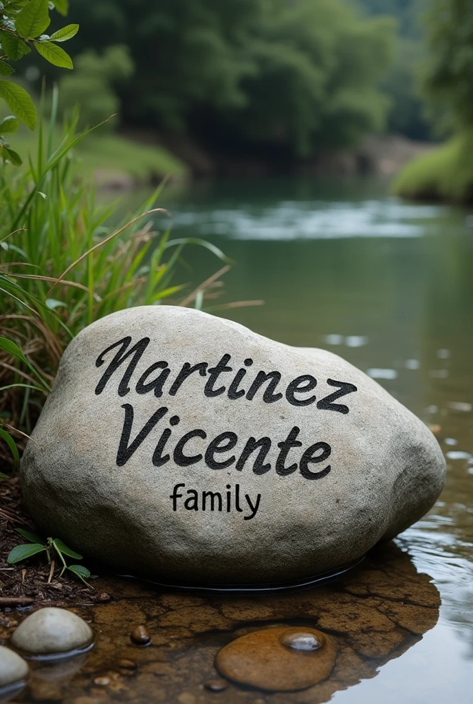 Text written on a river stone " Martinez Vicente family "