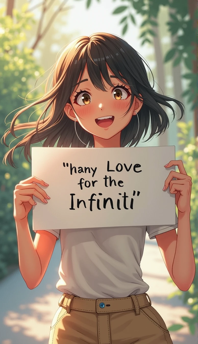 A beautiful and cute woman holding up a sign "I love infinity", Joyful, Happy, Anime illustration, Realistic, oil